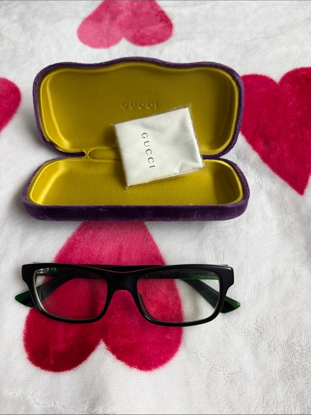 Gucci Black Frames with Green Temples and Purple Case